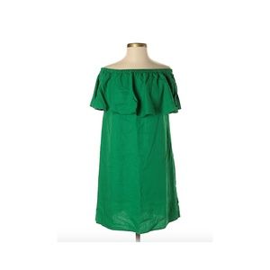 Green Ruffled Off the Shoulder Linen Dress